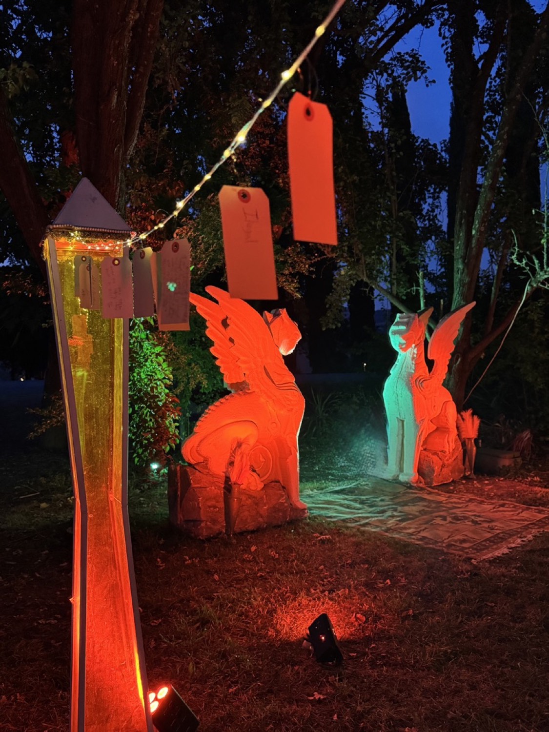 Sphinxes lit at dusk, Design Science Interdependence Summit
